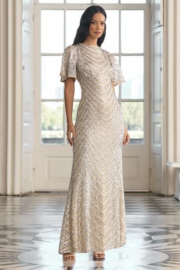 Lipsy Champagne Gold Sequin Cowl Neck Reversible Bridesmaid Dress