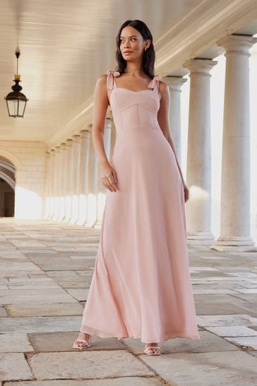 Lipsy Blush Pink Bridesmaid Tie Strap Corset Detail Maxi Dress