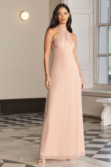 Lipsy Blush Pink Bridesmaid Halterneck Embellished Keyhole Maxi Dress