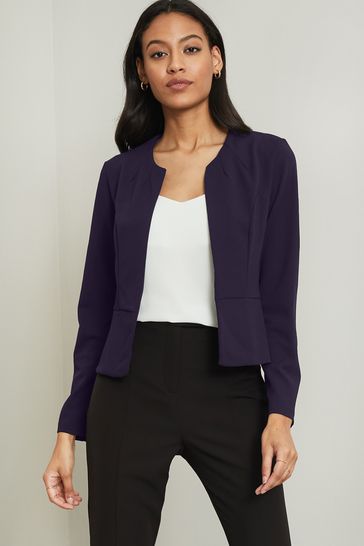 Lipsy Navy Blue Twill Cropped Collarless Blazer Jacket