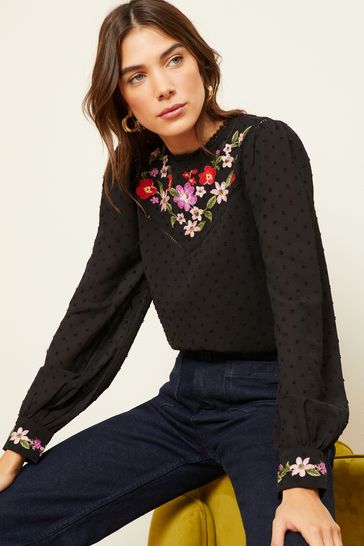 Love & Roses Black Embroidery High Neck Lace Trim Long Sleeve Blouse
