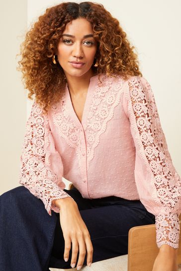 Love & Roses Pink Lace Sleeve V Neck Cotton Dobby Blouse