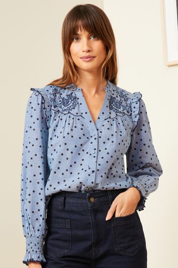 Love & Roses Blue Ruffle Neck Long Sleeve Embroidered Blouse