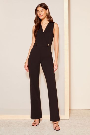 Friends Like These Black Wrap Front Detail V Neck Tailored Jumpsuit