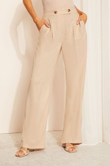 Friends Like These Cream Petite Wide Leg Trousers with Linen