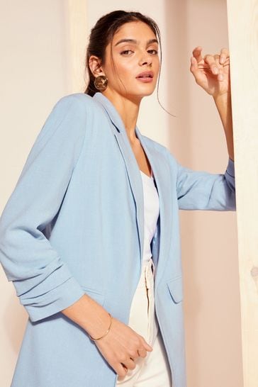 Friends Like These Dusky Blue Ruched Long Sleeve Blazer with Linen