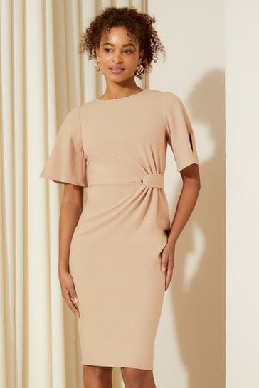 Friends Like These Cream Tailored Knot Detail Flutter Sleeve Midi Dress
