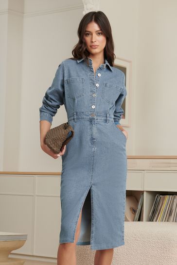 Lipsy Blue Denim Button Through Midi Dress