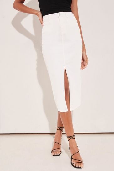 Lipsy White Denim High Rise Split Front Midi Skirt