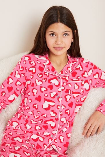 Lipsy Pink Red Heart Print Jersey Pyjamas 2 16yrs