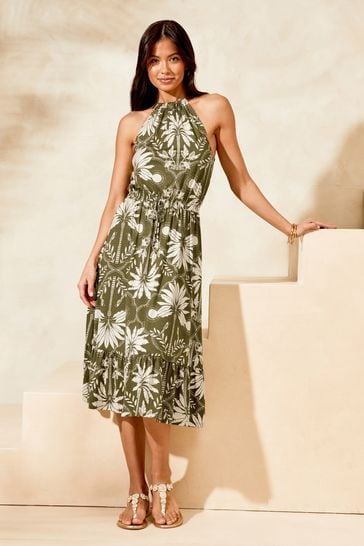 Lipsy Palm Print Jersey Sleeveless Halter Summer Holiday Midi Dress
