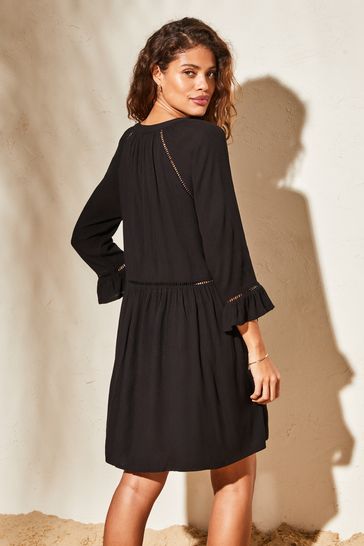 Buy Lipsy Black Long Sleeve V Neck Crinkle Smock Summer Mini Dress from Next Kuwait