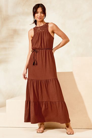 Lipsy Brown Crochet Hybrid Racer Tiered Holiday Summer Cover Up Dress