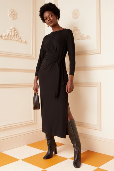 Buy Love Roses Black Petite Long Sleeve Wrap Midi Dress from