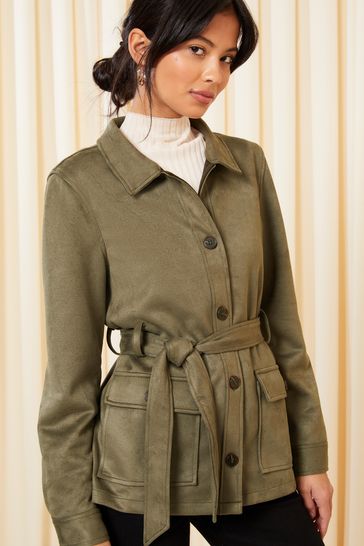 Friends Like These Khaki Green Faux Suede Belted Shirt Jacket