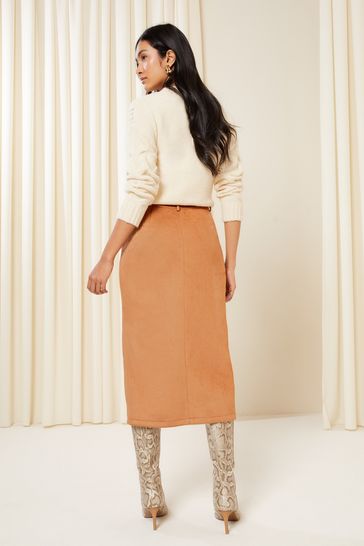 Friends Like These Camel Split Front Denim Midi Skirt