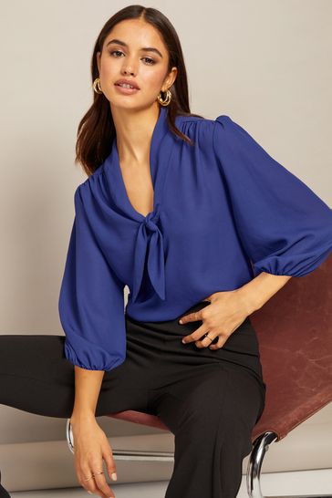 Friends Like These Blue Petite V Neck Bow Front 3/4 Sleeve Blouse