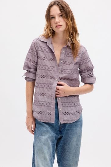 Gap Purple Eyelet Perfect Long Sleeve Shirt