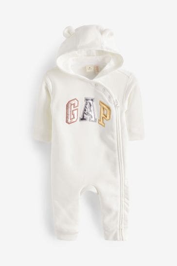 Gap White Metallic Logo Zip Up Sleepsuit (Newborn-12mths)