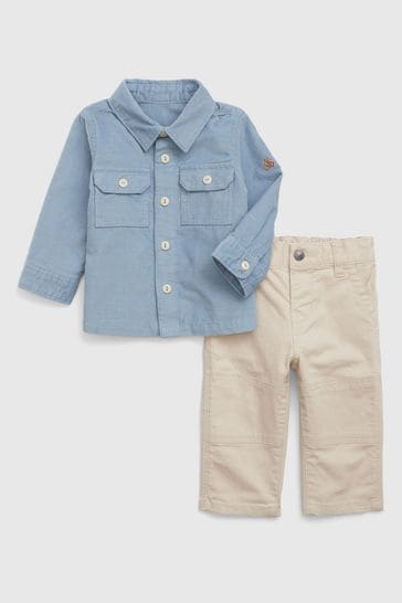 Gap Blue and Cream Utility Shirt and Trouser Set (Newborn - 24mths)