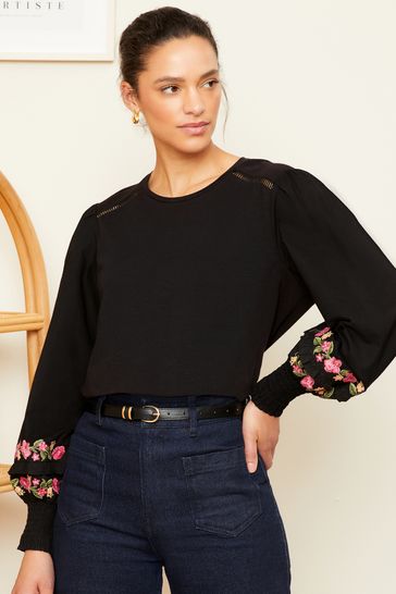 Love & Roses Black Embroidered Puff Sleeve Jersey T-Shirt