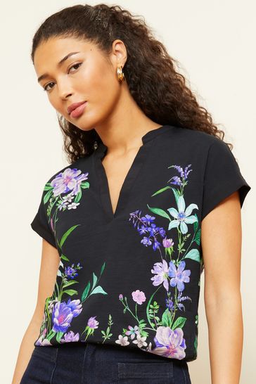Love & Roses Black Floral Jersey V Neck Woven Trim Short Sleeve T-Shirt