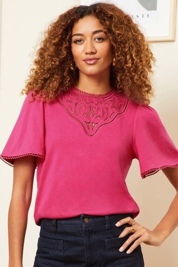 Love & Roses Pink Lace Yoke Flutter Sleeve Jersey Top