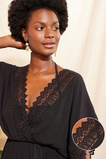 Buy Love Roses Black Lace Trim Belted Cover Up Kaftan from Next