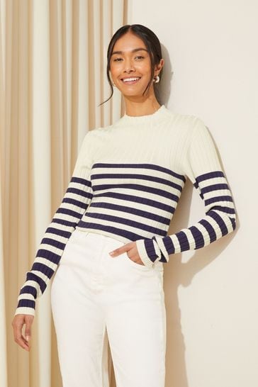 Friends Like These Navy Blue Ribbed Funnel Neck Jumper