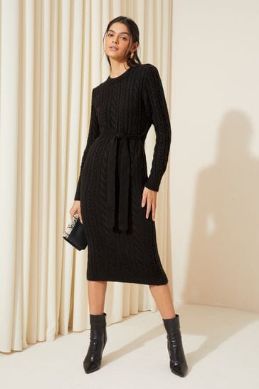 Friends Like These Black Cable Knit Belted Midi Jumper Dress