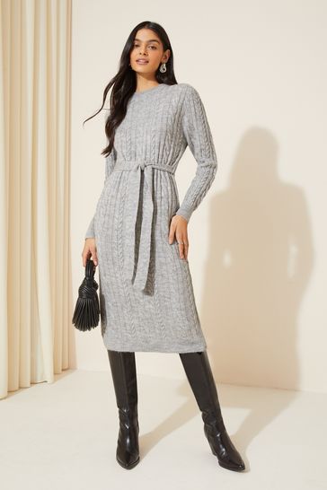 Friends Like These Grey Cable Knit Belted Midi Jumper Dress