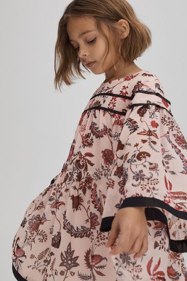 Reiss Pink Talitha Junior Printed Bell Sleeve Tiered Dress