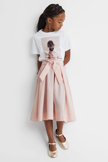 Reiss Pink Garcia Junior Pleated Belted Taffeta Midi Skirt