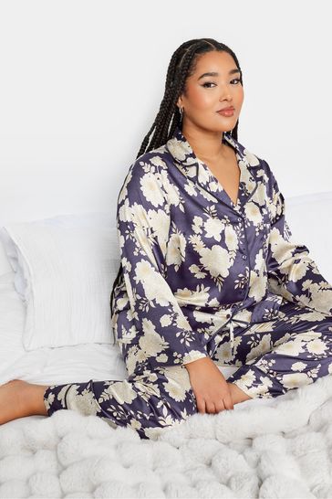 Yours Curve Purple Silhouette Floral Satin Pyjamas Set