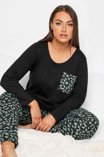 Yours Curve Black Oversize Animal Long Sleeve Cuffed Pyjama Set