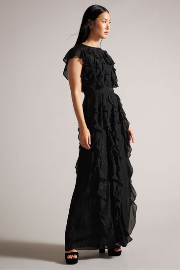 Ted Baker Black Hazzie Ruffle Maxi Dress With Metal Ball Trim