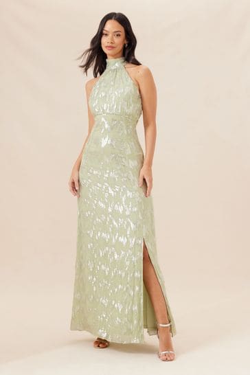 Lipsy Green Petite Bridesmaid Halter Lurex Metallic Split Maxi Dress