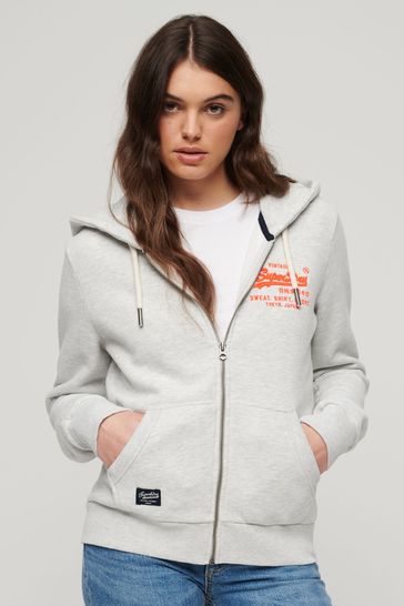 Superdry Grey Neon Vintage Logo Zip Hoodie