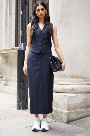 Buy Threadbare Pinstripe Tailored Midi Skirt with Split from the
