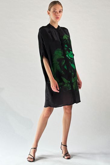 Religion Green Floral Print Loose Fitting Tunic Shirt Dress