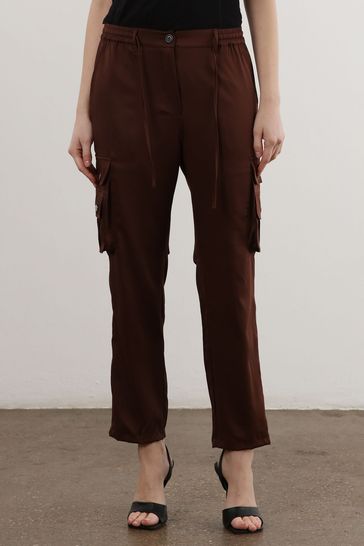 Religion Brown Utility Inspired Trousers With Multiple Pockets In Soft Crepe