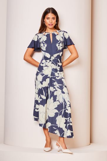 Lipsy Navy Floral Ruched Front Keyhole Cut Out Asymmetrical Midi Dress