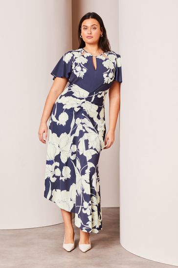 Lipsy Navy Blue Curve Ruched Front Keyhole Cut Out Asymmetrical Midi Dress