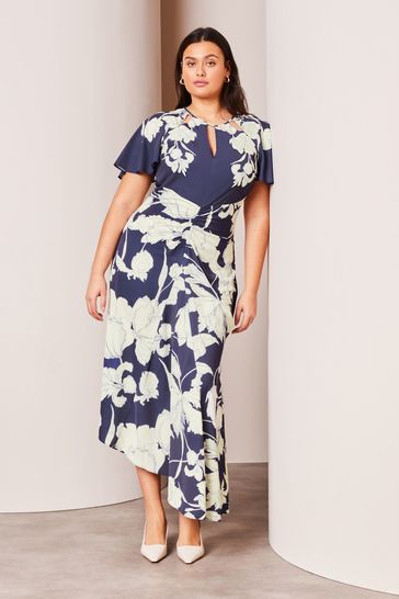 Lipsy Navy Blue Curve Ruched Front Keyhole Cut Out Asymmetricalmetricalmetrical Midi Dress