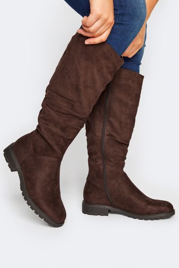 Yours Curve Brown Extra-Wide Fit Ruched Cleated Boots