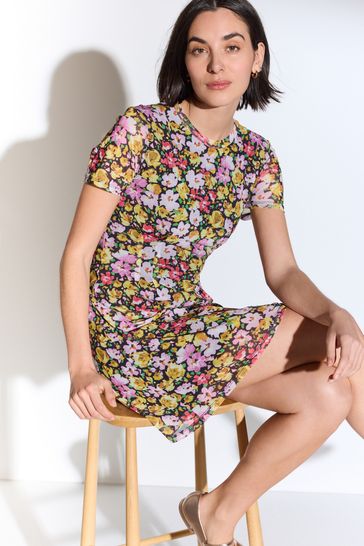 Multi Bright Floral Mesh Corset Detail Mini Dress