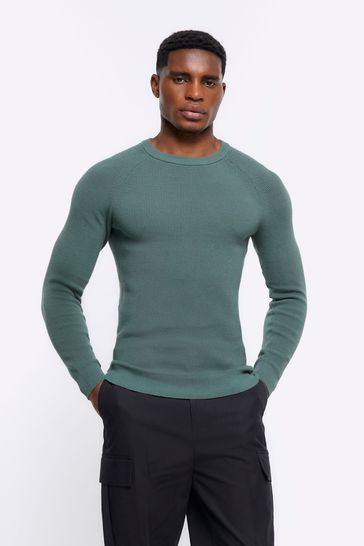 River Island Green Green Muscle Fit Rib Crew Neck Jumper