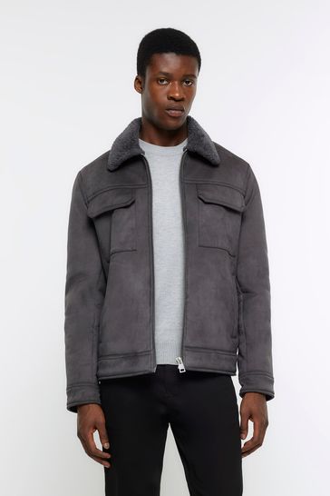 River Island Grey Regular Fit Shearling Western Jacket