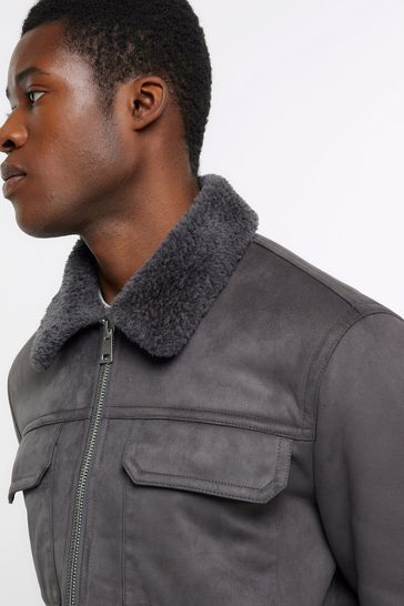 River Island Grey Regular Fit Shearling Western Jacket