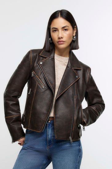 River Island Brown Faux Leather Distressed Biker Jacket